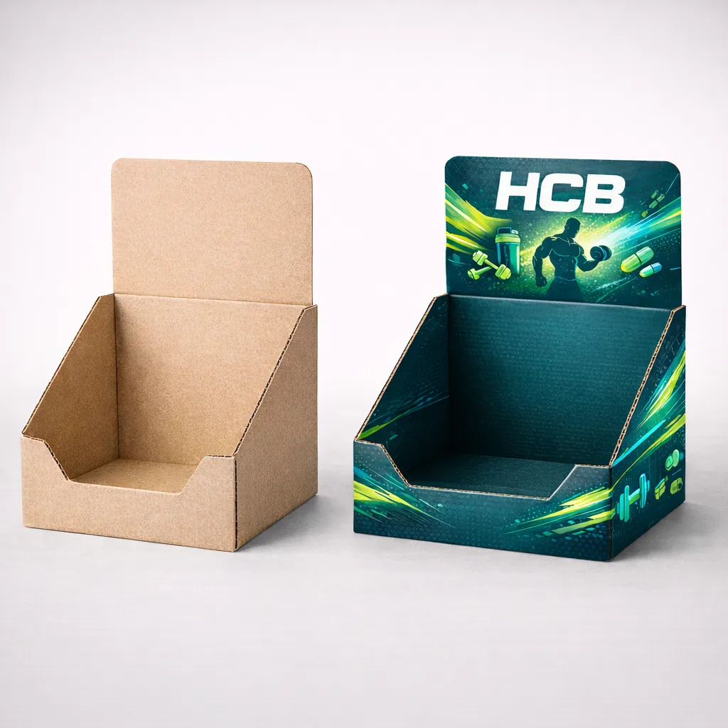 Cardboard counter display boxes for retail, featuring a dog illustration and HCB branding with colourful contents.